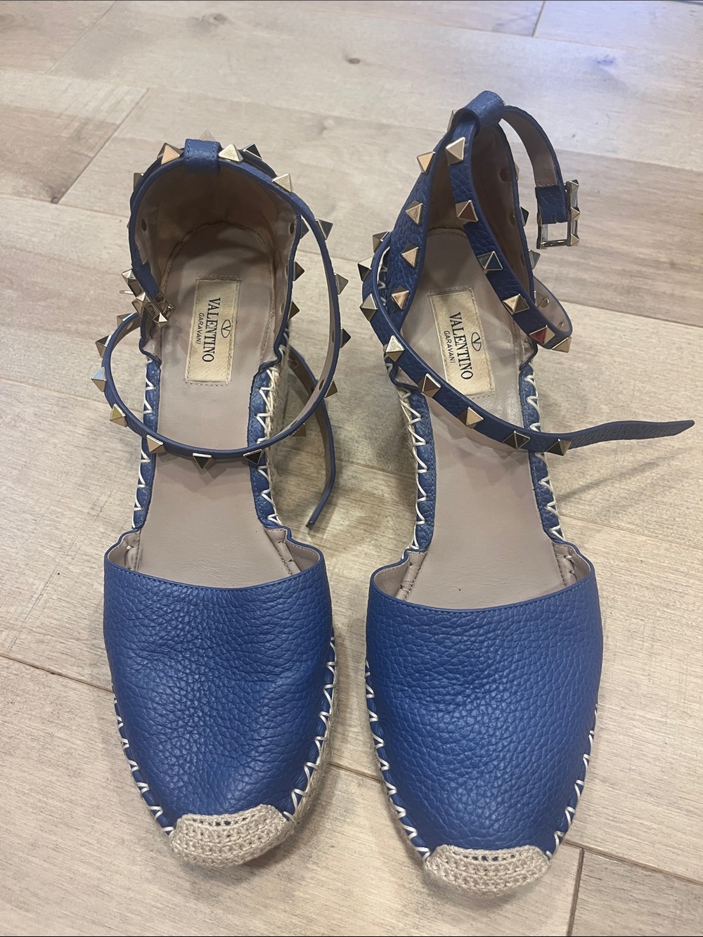 Valentino Blue Leather Studded Ankle-Strap Espadrilles with box and dust bag